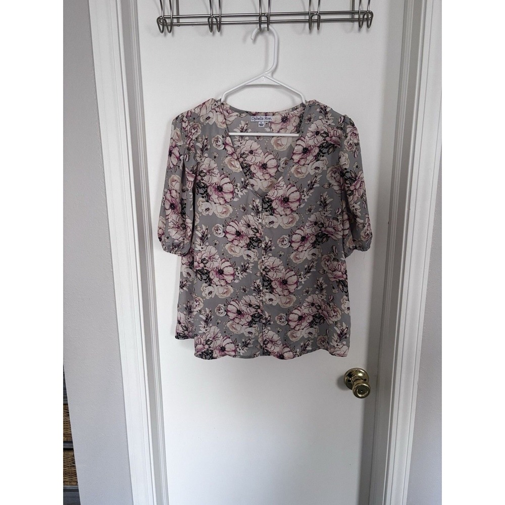 Ophelia Roe Gray‎ And pink Floral Casual Flowy Business Casual Blouse Size L.
